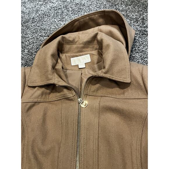 Michael Kors Beige Camel Tan Wool Blend Trench Overcoat Detachable Hood Womens L - Picture 3 of 15